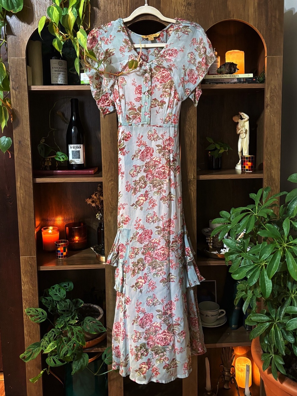 XS Pastel Pink Blue Floral Rose Print V-Neck Maxi Dress - Picture 7 of 13